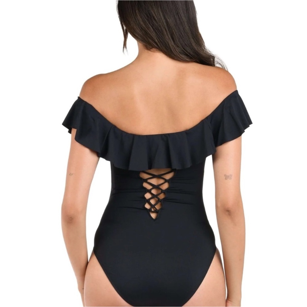 La Blanca Black Island Goddess Off The Shoulder Ruffle One Piece Swimsuit 14 NWT - Picture 3 of 13